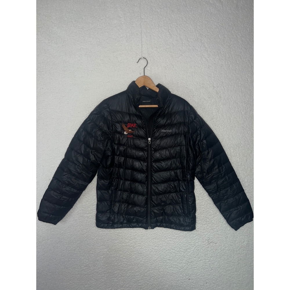 Marmot Mens 700 Fill Down Puffer Jacket Black SOAR Staff Eagle Logo Large‎